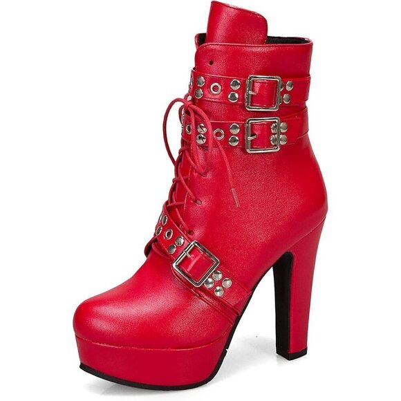 ✨Bellirala Ankle Booties Women Red Polyurethane Studded Buckled High Heels Shoes - Picture 1 of 7